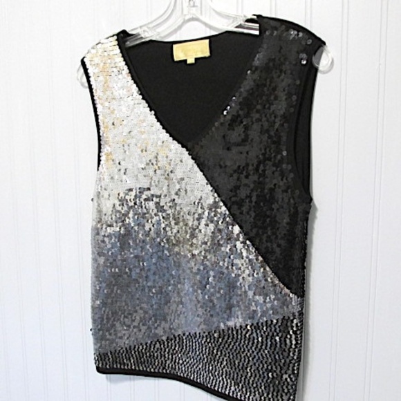 VTG Silver&Black Sequined Stretch Top, Size S/M - Picture 2 of 7